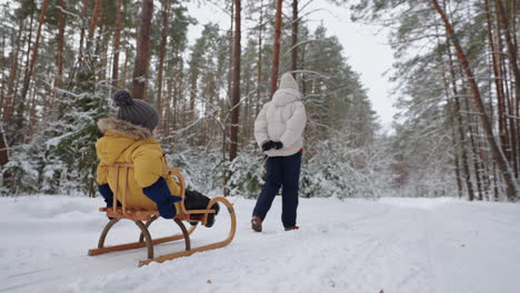 woman-is-sledding-her-little-son-walking-together-in-winter-forest-happy-family-weekend-in-nature